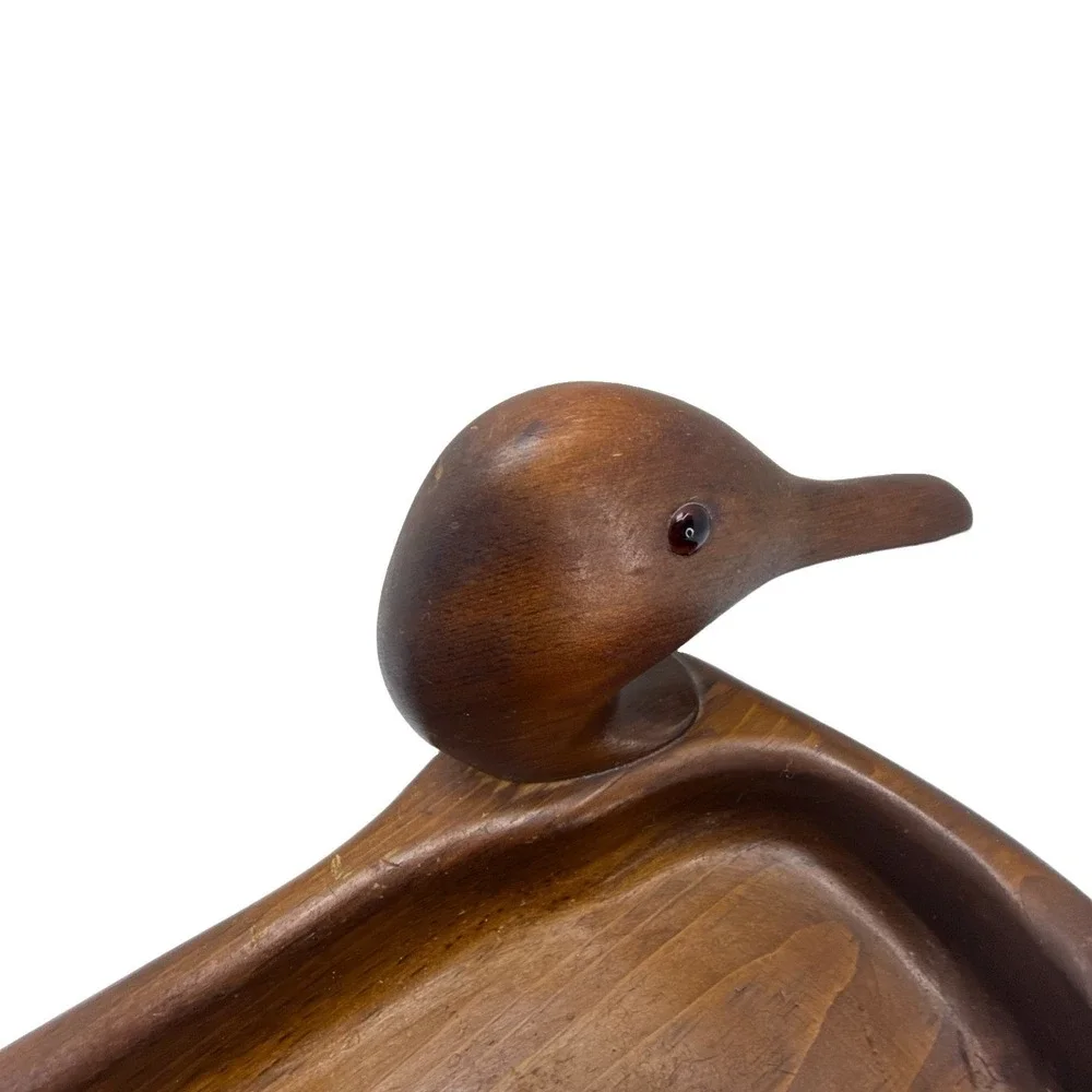 Vintage Hand Carved Wooden Duck Catchall Tray MCM Danish Modern Valet Dish 13